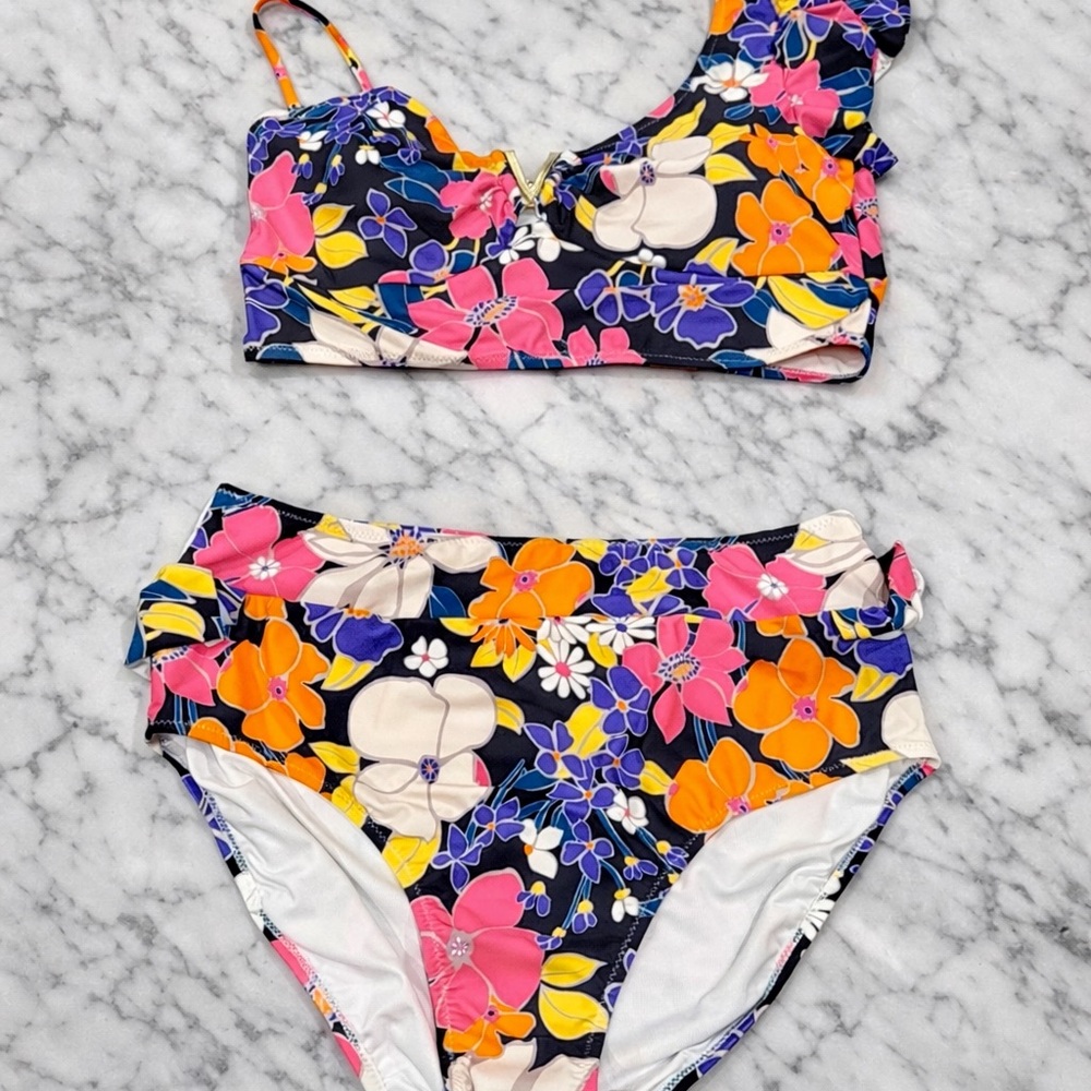 White Birch Floral Bikini Set 1X One Shoulder Ruffle Gold Tone Metal Detail